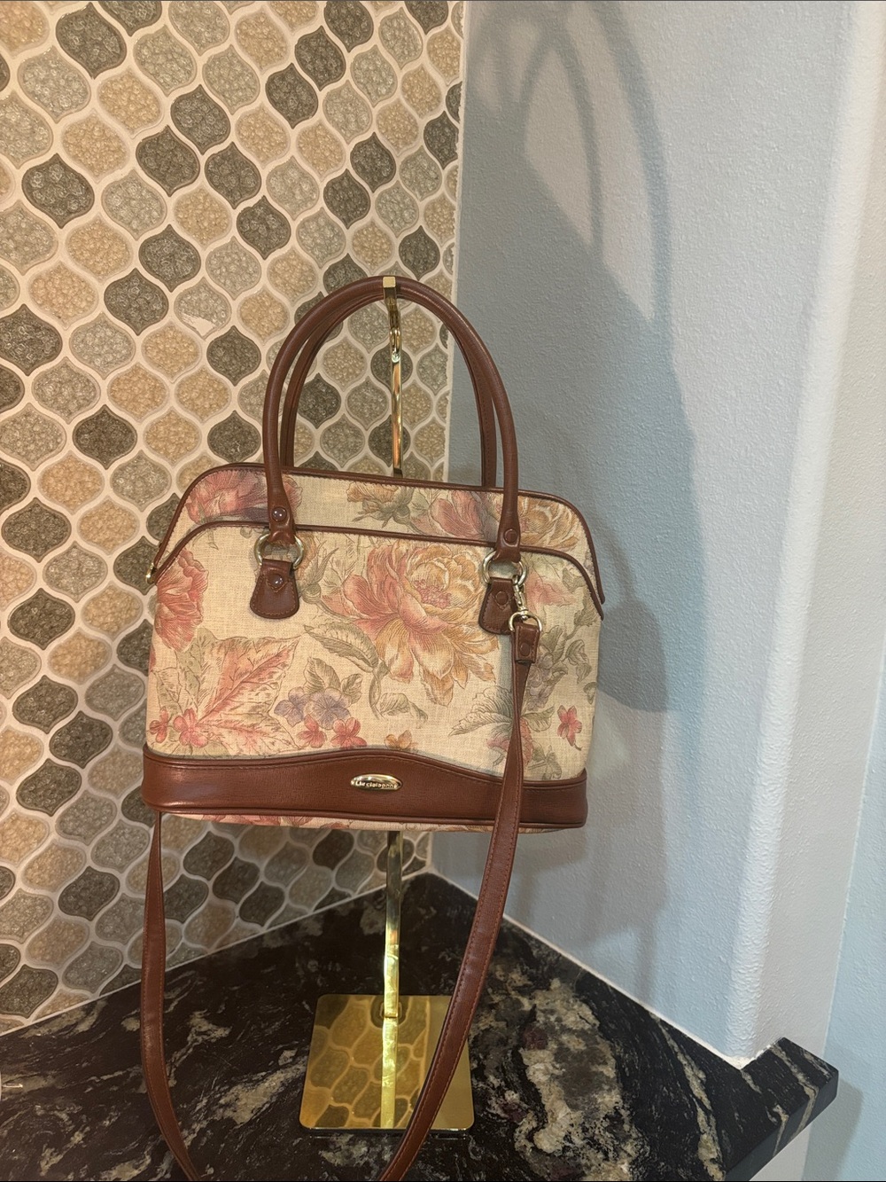 Liz Claiborne Floral Canvas Satchel with Brown Trim